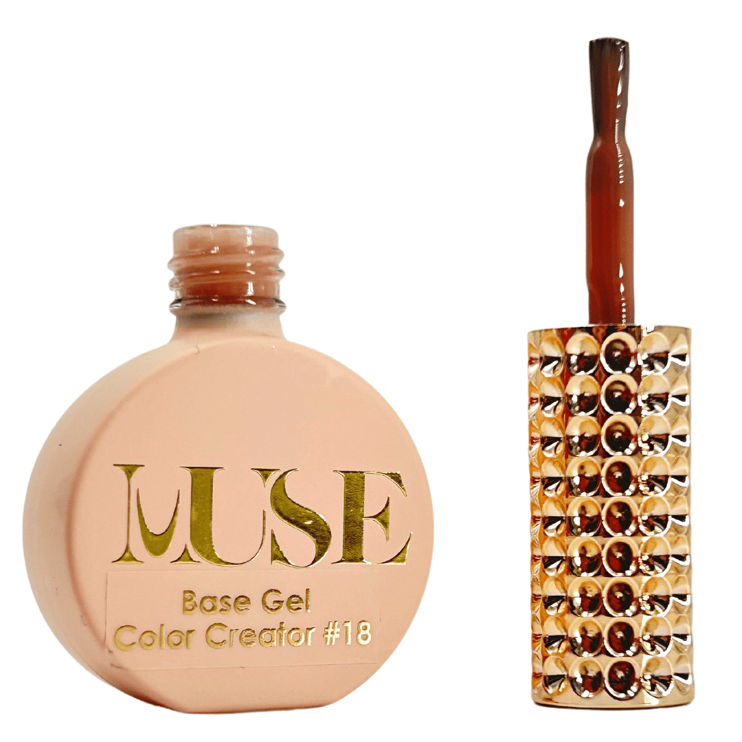 A bottle of brown nude nail base gel labeled "MUSE Base Gel Color Creator #18" beside its brush coated with the same color gel. The brush handle is studded with a column of sparkling rhinestones, giving a touch of luxury to the nail care product's presentation.