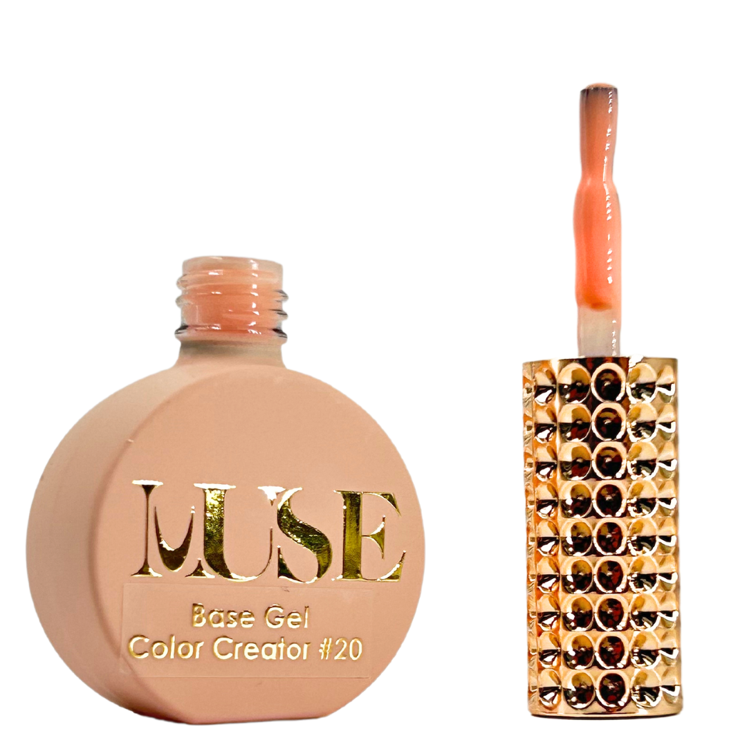 MuseGel's Color Creator #20 nail polish bottle in peach with a sleek, color-matched brush applicator, set against a backdrop of decorative gold-studded packaging.