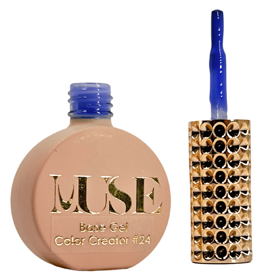 A bottle of periwinkle blue nail base gel, labeled "MUSE Base Gel Color Creator #24," paired with a brush that has a coating of the same gel. The brush handle is embellished with a column of gold-toned rhinestones, adding an element of luxury to the product's design.