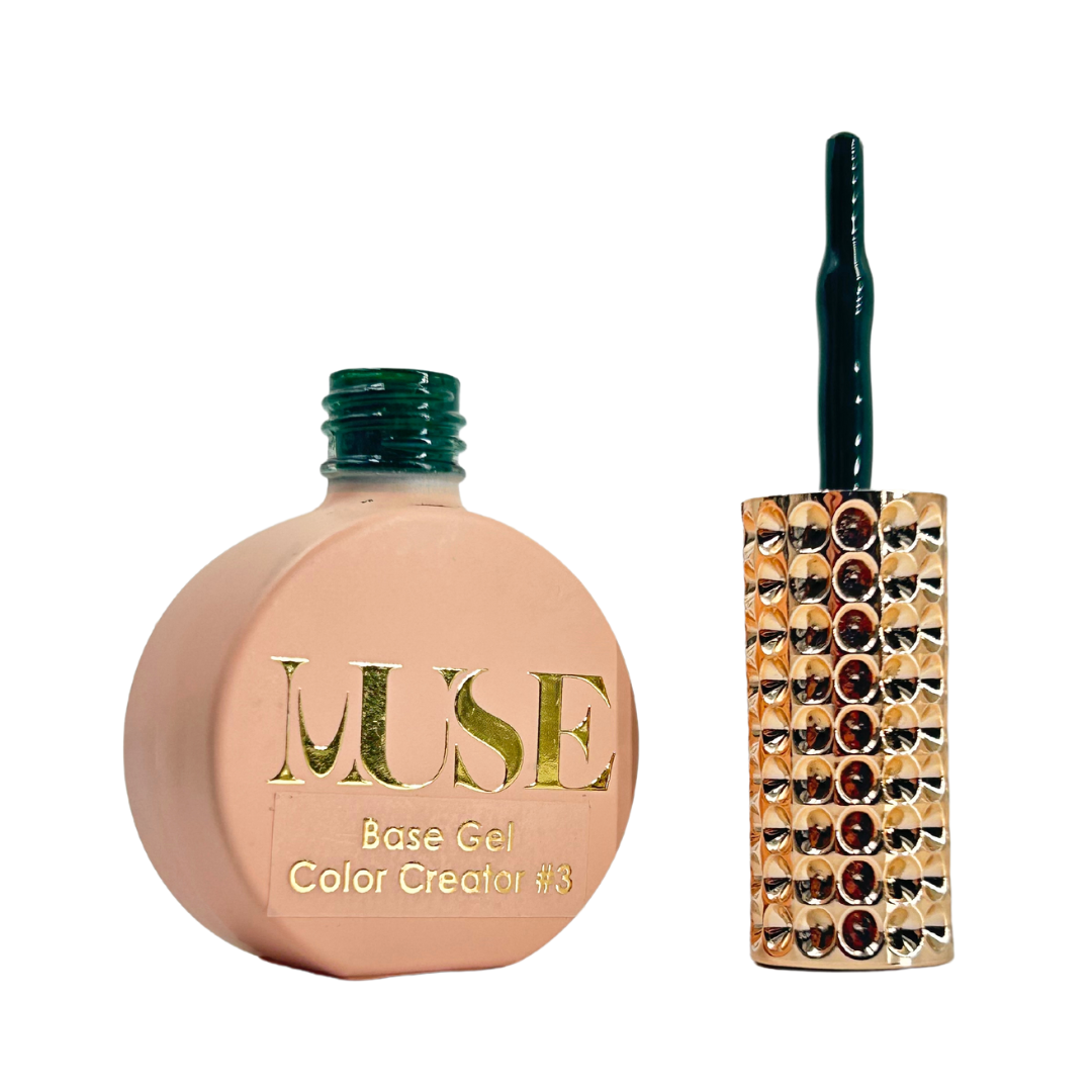 A bottle of MUSE Base Gel Color Creator #3 in dark green with a chic gold-studded cap and a precise brush applicator.