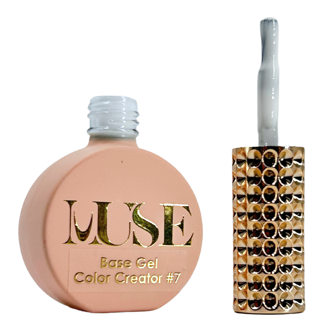A bottle of MUSE Base Gel Color Creator #7 with a clear gel and a crystal-studded brush handle, suggesting a transparent or base coat gel polish.
