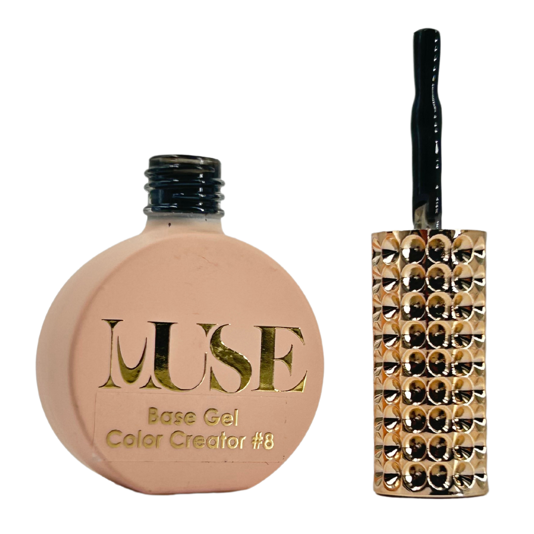 A bottle of MUSE Base Gel Color Creator #8 with a black cap and a crystal-studded brush handle, indicating a black gel nail polish.