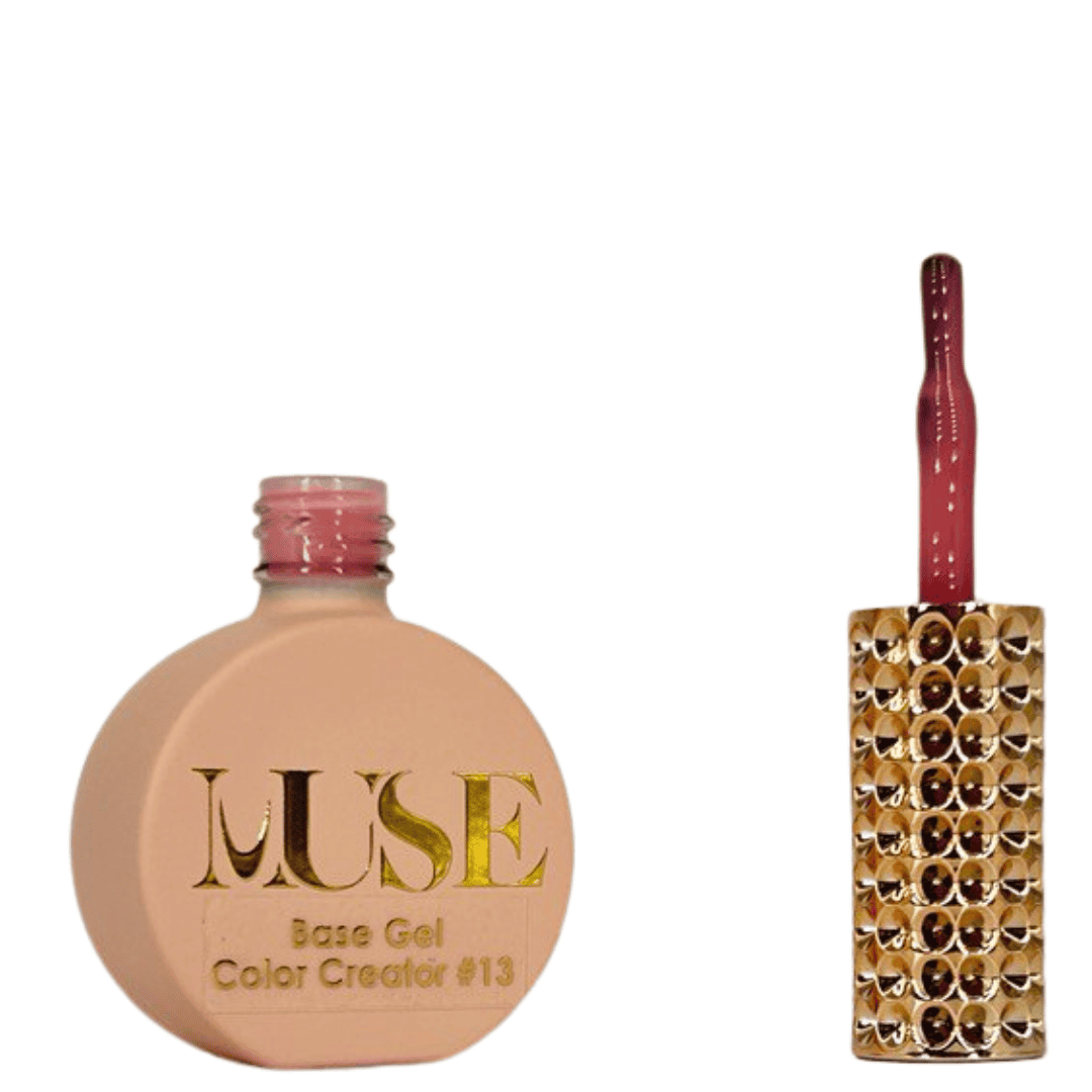 Image 2: A bottle of MUSE Base Gel Color Creator #13, shown with a flat, circular base finished in matte peach. The bottle cap is a glossy rose-red, and the brush applicator has a clear handle filled with glitter. The label features the MUSE logo in elegant gold lettering, with "Base Gel Color Creator #13" detailed below.