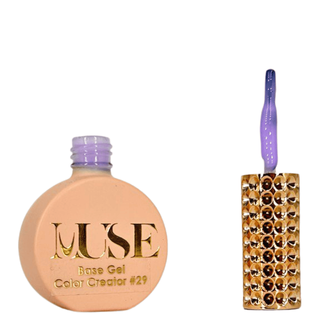 A bottle of MUSE Base Gel Color Creator #29 with a matte peach-colored, flat round body and a lavender-colored screw cap. The brush applicator has a clear handle filled with glitter. The bottle's label features the MUSE logo in gold lettering, with "Base Gel Color Creator #29" indicated below it.