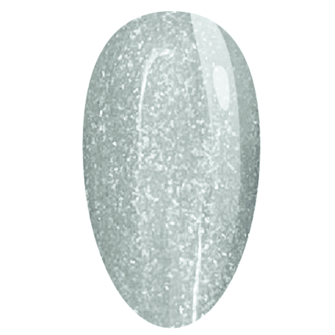 A digital illustration of a nail polish swatch with a glittery silver finish. The swatch is oval-shaped and features a densely packed silver glitter that covers the entire surface, creating a sparkly, textured appearance with a high-shine gloss.