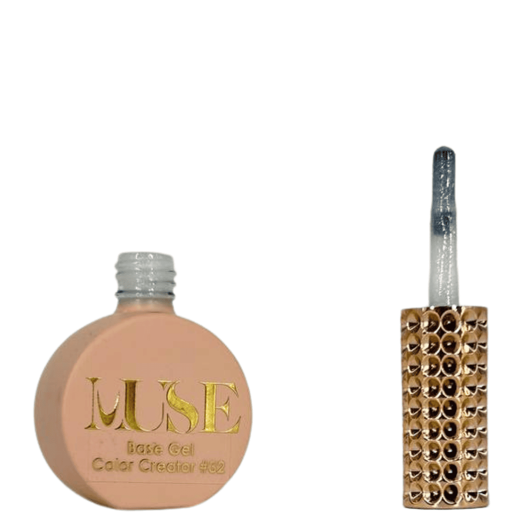 A bottle of MUSE Base Gel Color Creator #32, presented with a flat, round base in a matte peach finish. The cap is a clear, silver glitter screw top, and the brush applicator has a clear handle filled with glitter. The label on the bottle is adorned with the MUSE logo in gold lettering, with "Base Gel Color Creator #32" written below it.