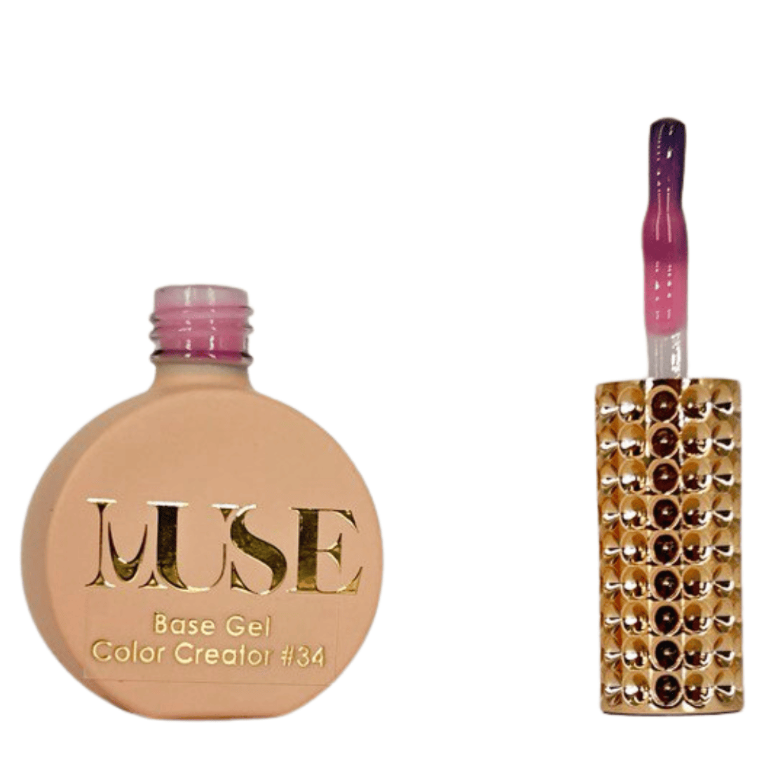 A nail polish bottle labeled "MUSE Base Gel Color Creator #34" with a soft pink cap. The bottle is peach-colored with gold lettering. Next to the bottle is a handle with a brush applicator with a purple and white dotted pattern.