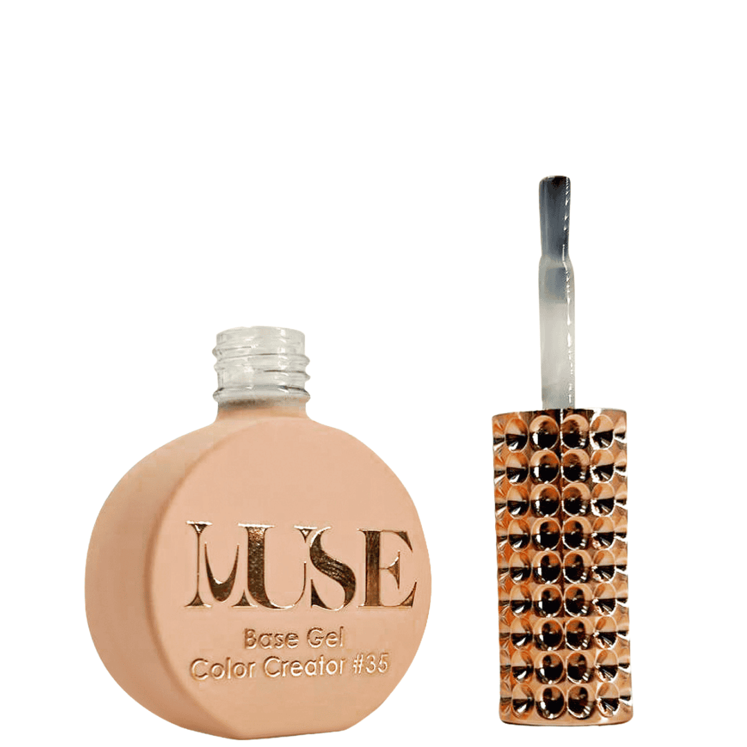 A bottle of MUSE Base Gel Color Creator #35 with a matte peach-colored, flat round body and a clear, silver glitter screw cap. The brush applicator has a clear handle filled with glitter. The bottle prominently features the MUSE logo in gold lettering with the text "Base Gel Color Creator #35" beneath it.