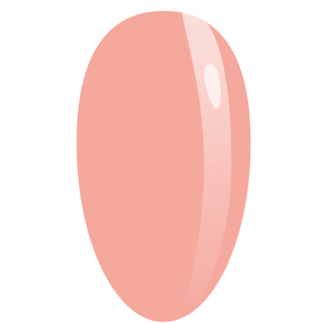 "A glossy, oval-shaped nail swatch in a coral pink shade, demonstrating the color and finish of the MUSE Base Gel Color Creator #36."