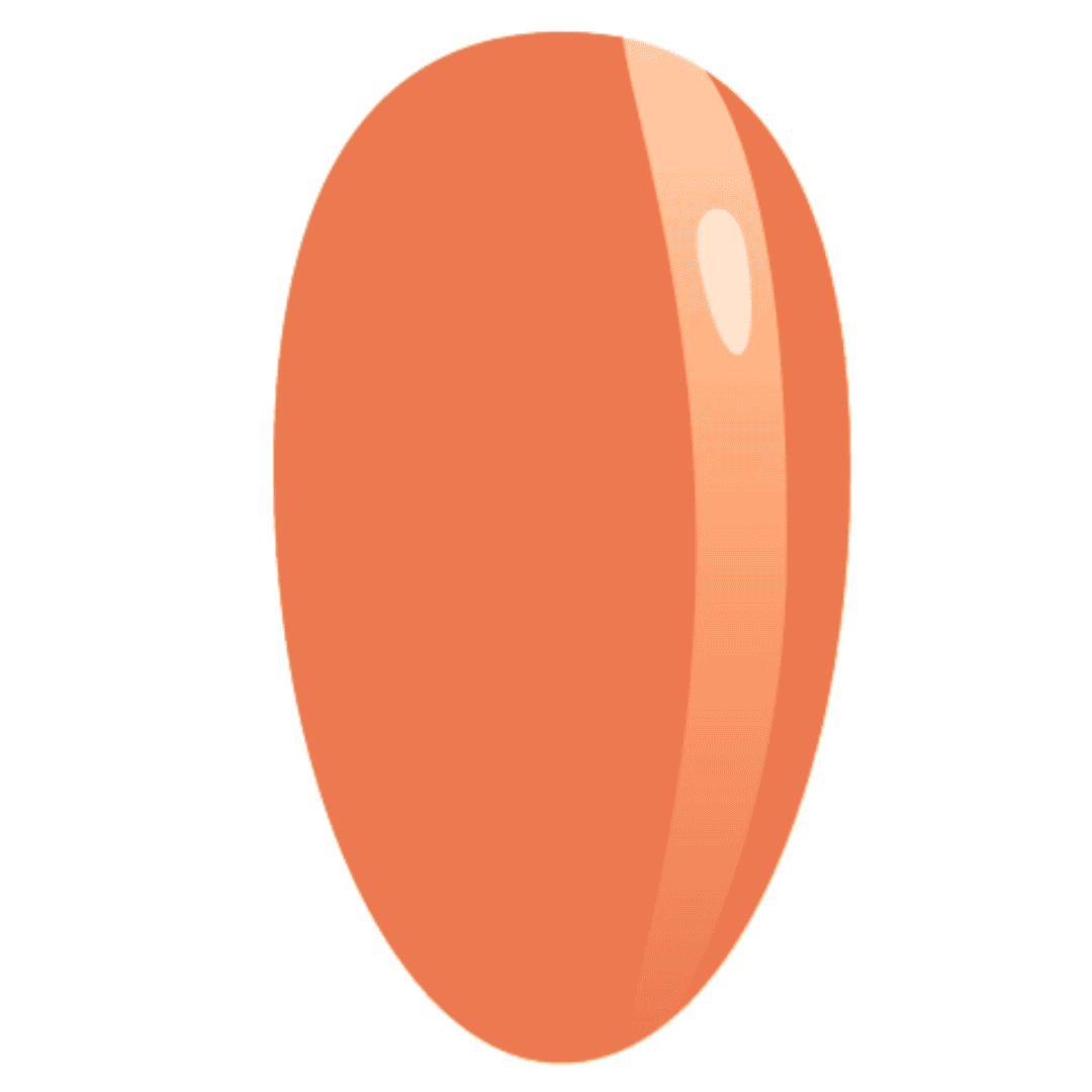 A digital illustration of a nail polish swatch in a smooth, glossy terracotta orange shade. The swatch is oval-shaped, with a reflective highlight indicating the glossy finish of the base gel, suggestive of a sleek, polished look when applied.