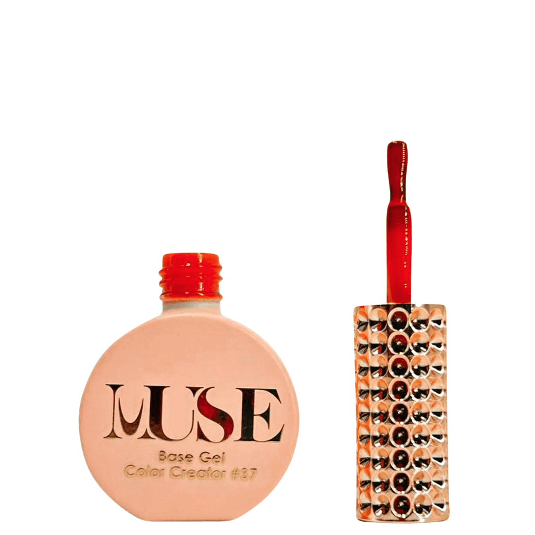 A bottle of MUSE Base Gel Color Creator #37, designed with a flat, round base in a matte peach finish. The cap is a vibrant, glossy red, and the brush applicator features a clear handle filled with glitter. The label prominently displays the MUSE logo in gold lettering, with "Base Gel Color Creator #37" inscribed beneath it.