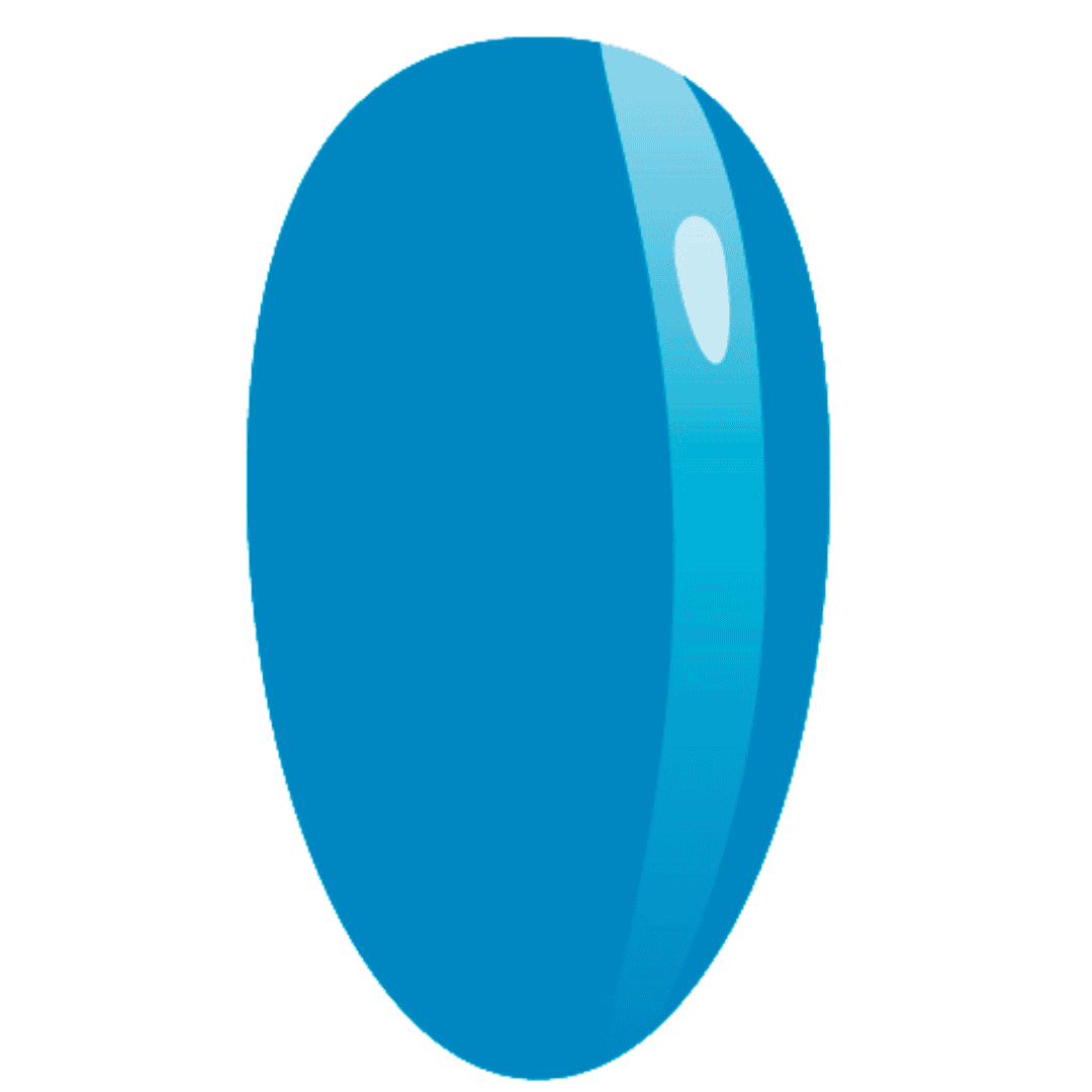 A glossy, oval-shaped nail swatch demonstrating a vibrant blue color with a shiny finish, representing the nail polish color from the bottle.