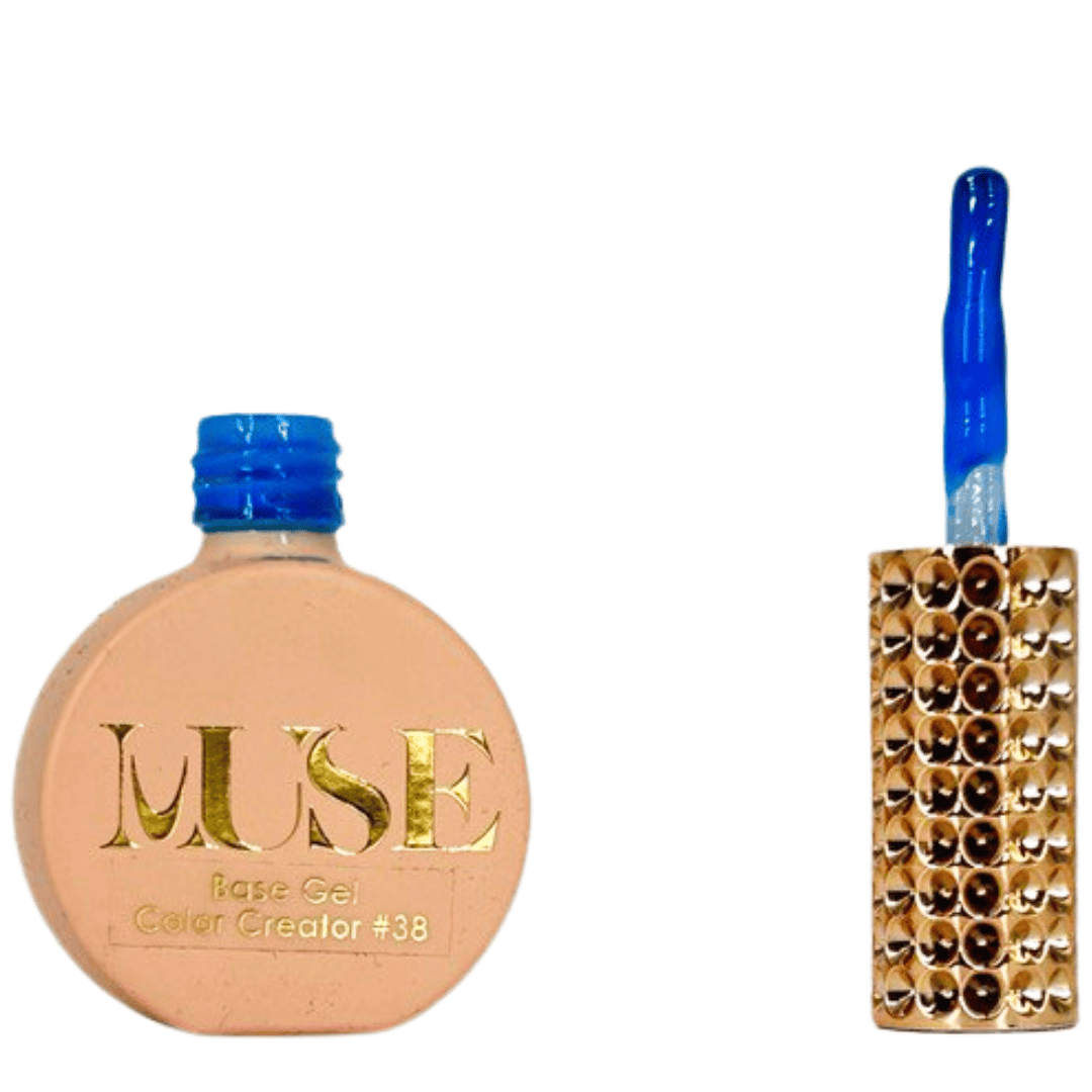 Image 1: A nail polish bottle with a pale pink body and a silver cap, branded with "MUSE Base Gel Color Creator #38" in gold letters. There is also a nail polish brush with a bright blue handle and bristles that appear to be coated in blue nail polish.