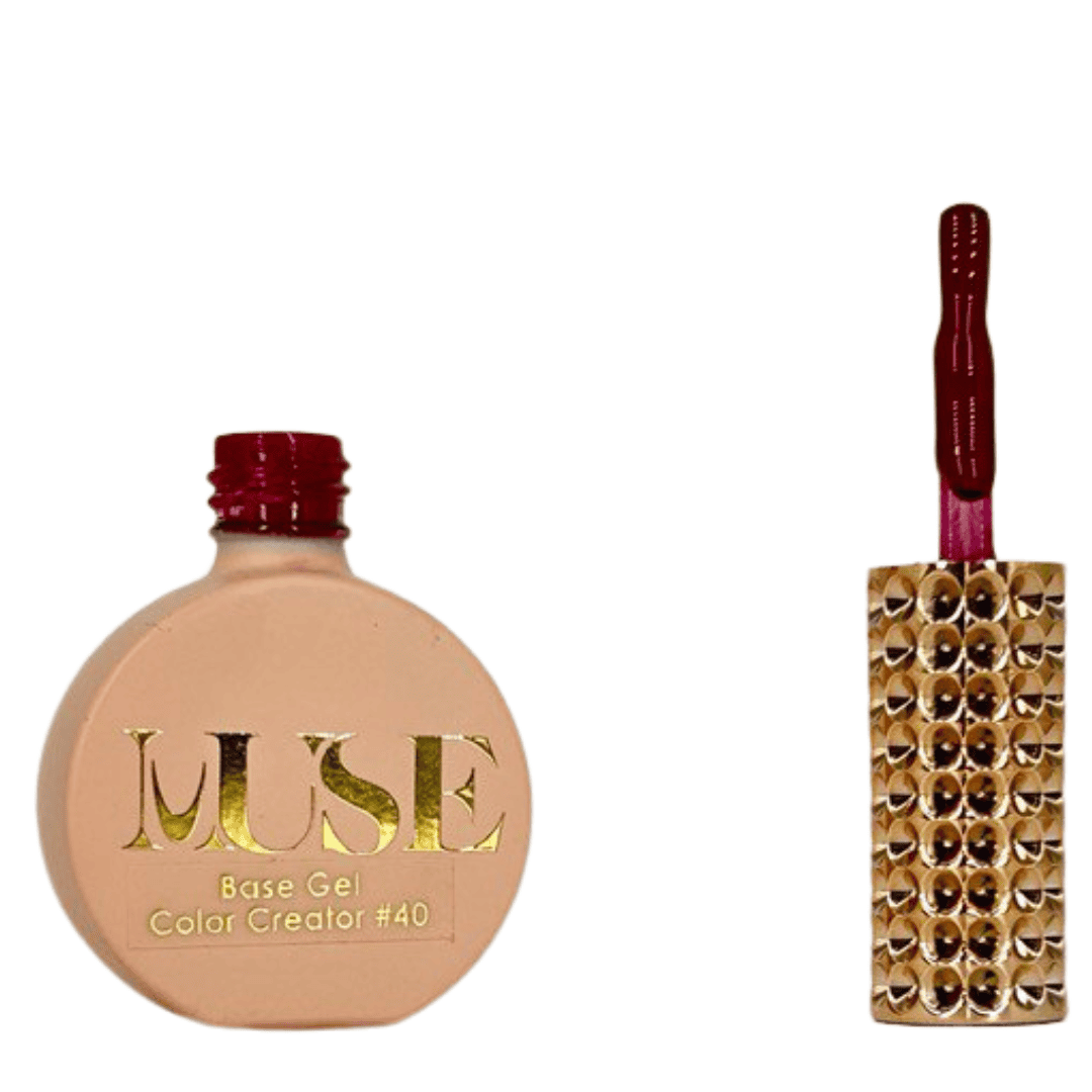 Image 1 depicts a bottle of nail gel with the label "MUSE Base Gel Color Creator #38" in gold lettering on a peach background. The cap of the bottle is blue, and alongside is a brush with blue handle and bristles. The brush is resting on a rectangular palette adorned with two rows of gold spherical studs.