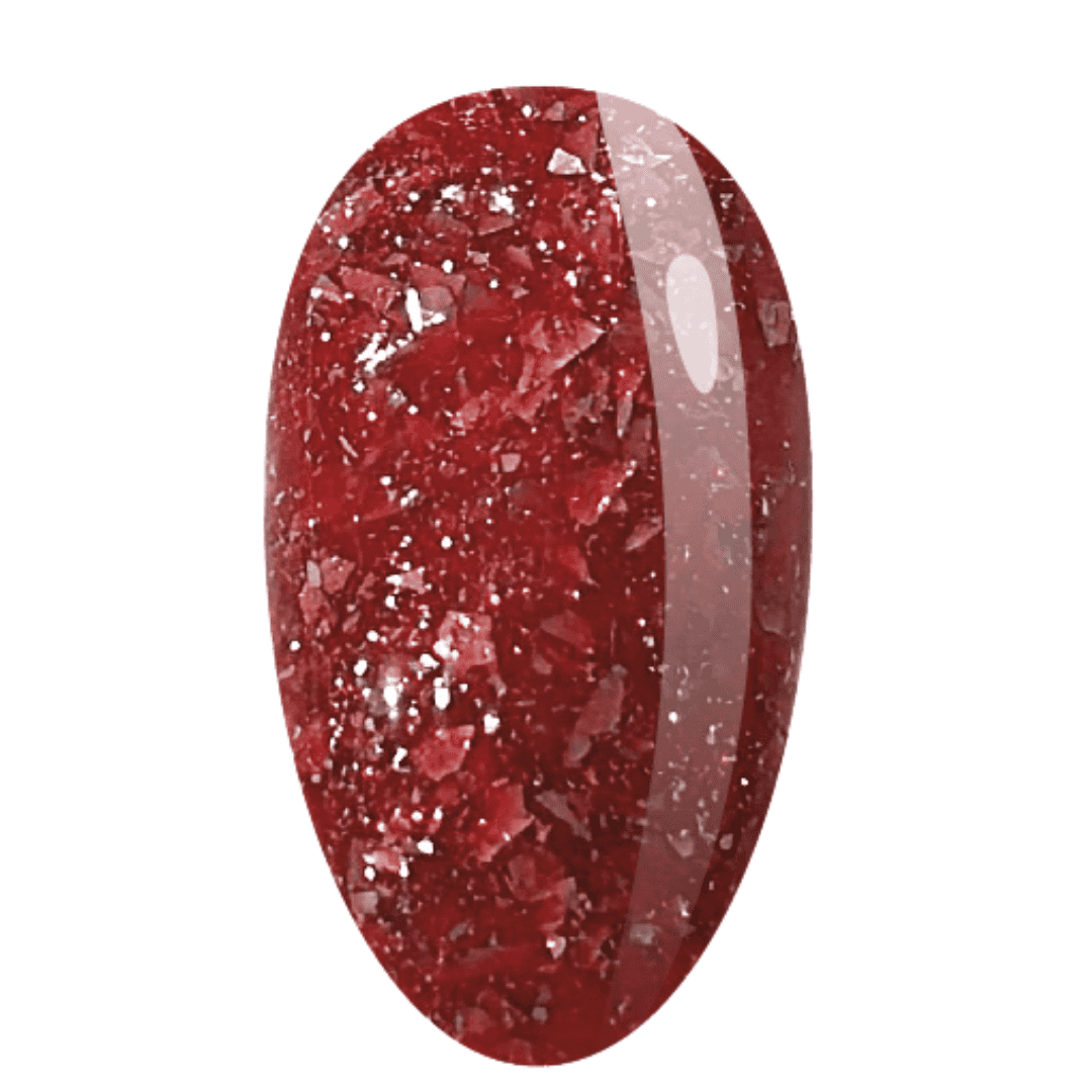 A close-up of a single almond-shaped nail swatch displaying a sparkly red gel polish. The swatch shows the texture and reflective glitter particles within the gel, providing a detailed view of the nail color's finish.