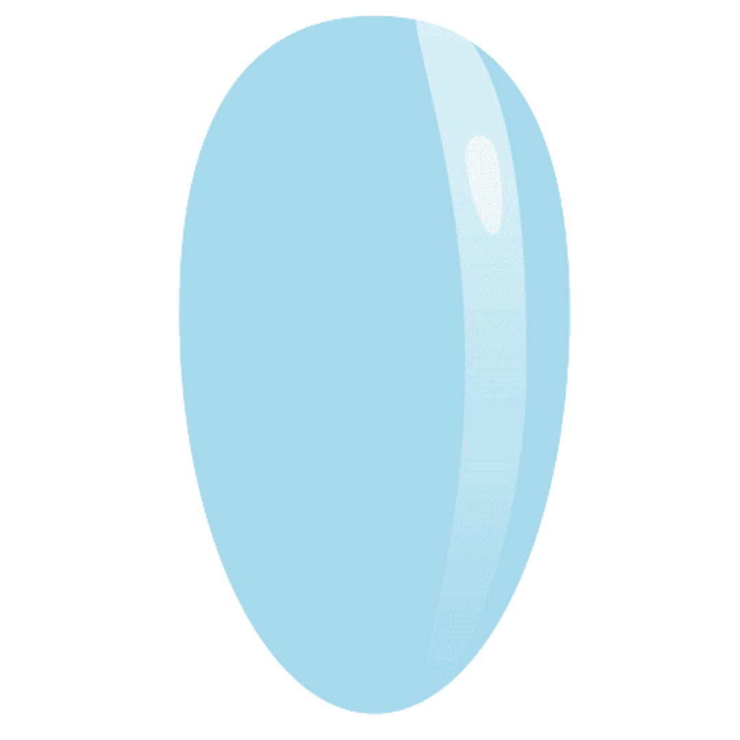 A digital illustration of a single, glossy, light blue-colored nail polish swatch, representing the color and finish of the nail polish when applied. The swatch is oval-shaped with a reflective highlight on the upper right side, suggesting a smooth and shiny texture.