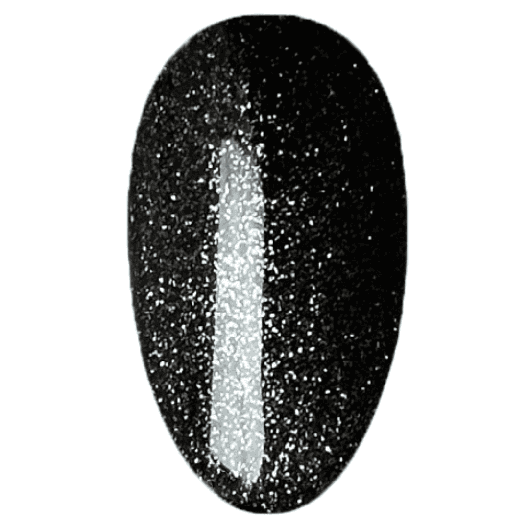 A digital illustration of a nail polish swatch showcasing a glossy black color with a glittery finish. The swatch is depicted as an oval-shaped nail, with a prominent, shiny highlight down the center, reflecting a high-gloss finish that is typical of a top gel product, giving the appearance of a sparkling night sky.