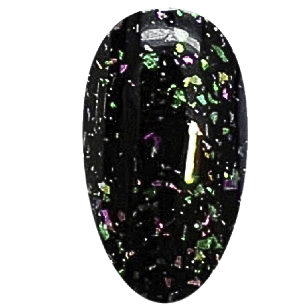 A digital illustration of a nail polish swatch with a glossy black base color that is speckled with multicolored glitter. The swatch is oval and has a reflective surface, showcasing the bright, iridescent sparkles that give a vibrant, confetti-like effect against the dark polish.