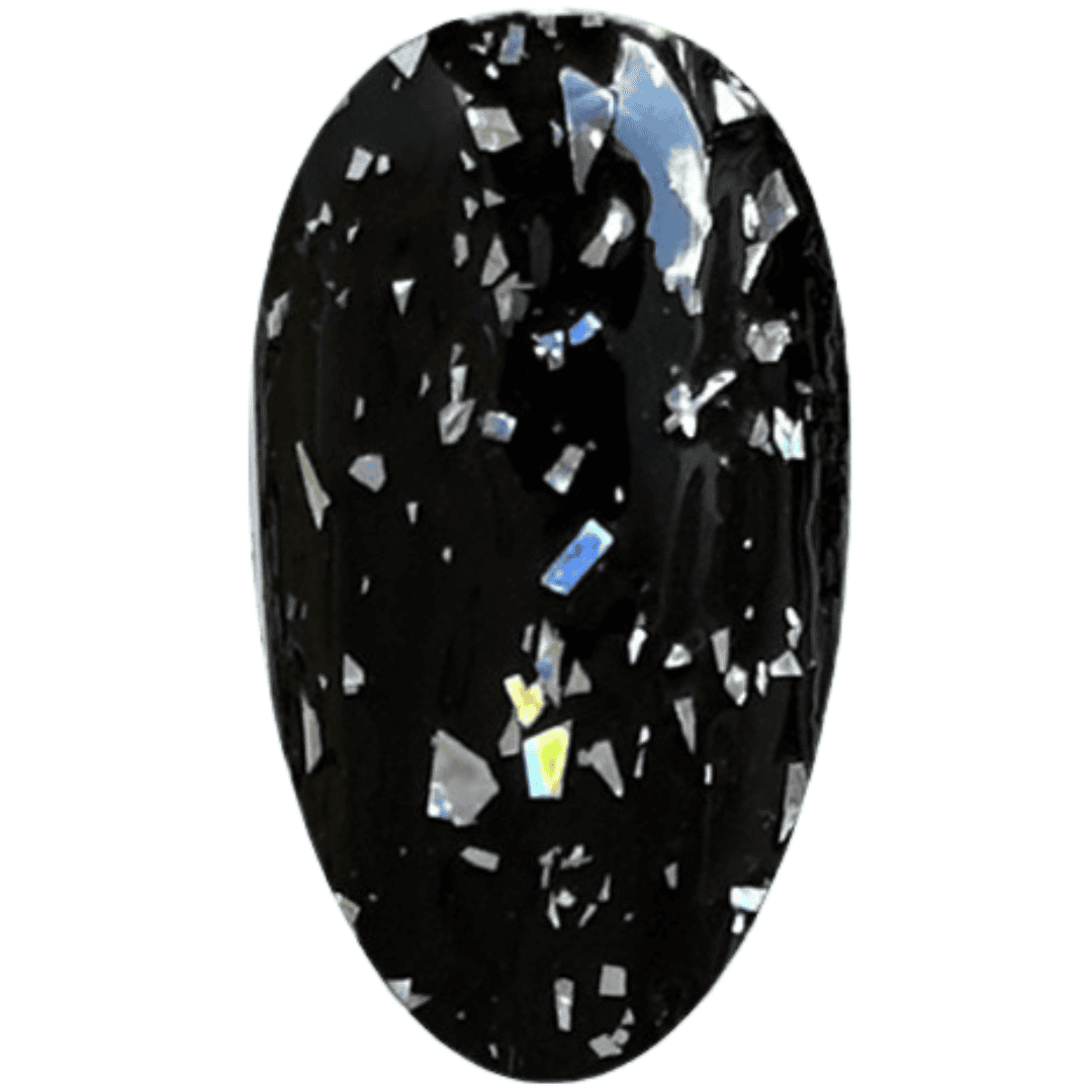 A digital illustration of a glossy black nail polish swatch with an array of reflective, multicolored flakes scattered throughout, resembling a starry night sky. The swatch is oval in shape and has a shiny, reflective surface, highlighting the textured effect of the glitter flakes within the polish.