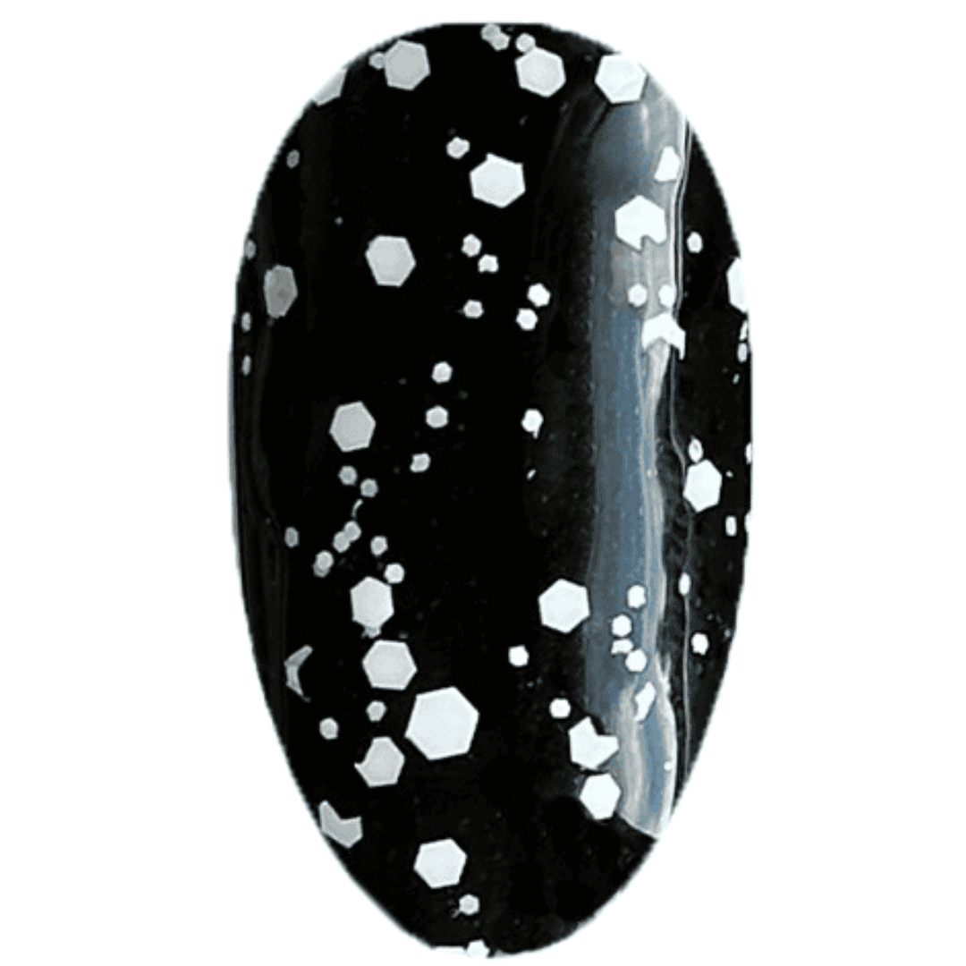 A digital illustration of a nail polish swatch displaying a glossy black base with silver hexagonal glitter pieces scattered throughout. The swatch is oval-shaped and showcases a reflective surface with the glitter creating a contrast against the dark background, giving the impression of a twinkling night sky.