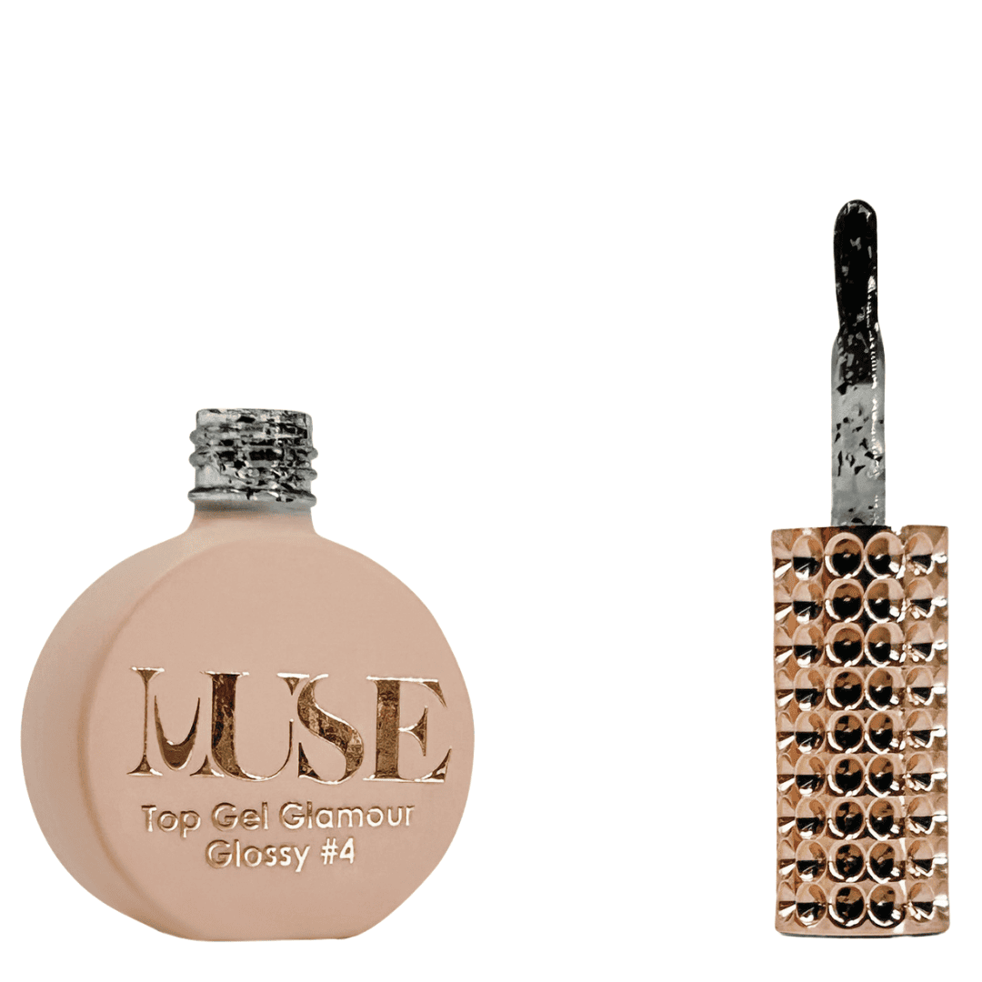 A bottle of MUSE Top Gel Glamour in Glossy #4, presented in a flat, round-shaped container with a matte peach finish. The cap is a silver glitter screw top, and the brush applicator has a clear handle filled with silver sparkles. The bottle's label features the MUSE logo in elegant gold lettering with "Top Gel Glamour Glossy #4" written below.