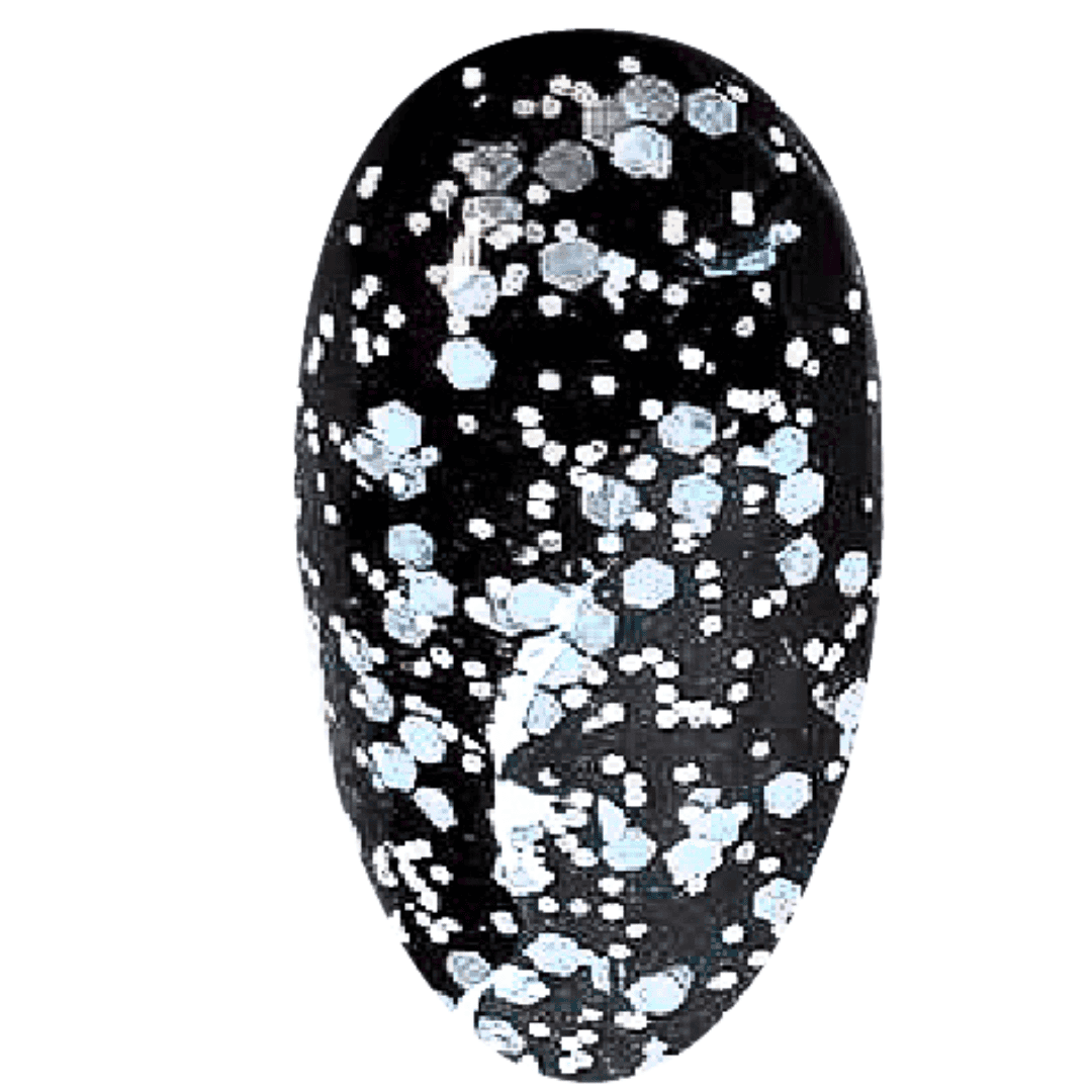 A digital illustration of a nail polish swatch displaying a glossy black base with various sizes of light blue glitter. The swatch is oval in shape, with a reflective sheen that accentuates the sparkling blue glitter against the dark background, creating an illusion of a glistening midnight sky.