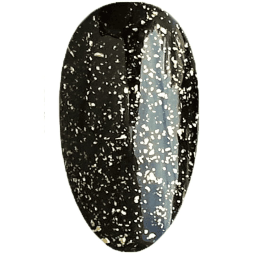 A digital illustration of a nail polish swatch showing a glossy black base with gold glitter speckles throughout, giving a glamorous and festive appearance. The swatch is oval-shaped and exhibits a high shine with reflective specks, resembling a starlit night sky with a touch of golden shimmer.