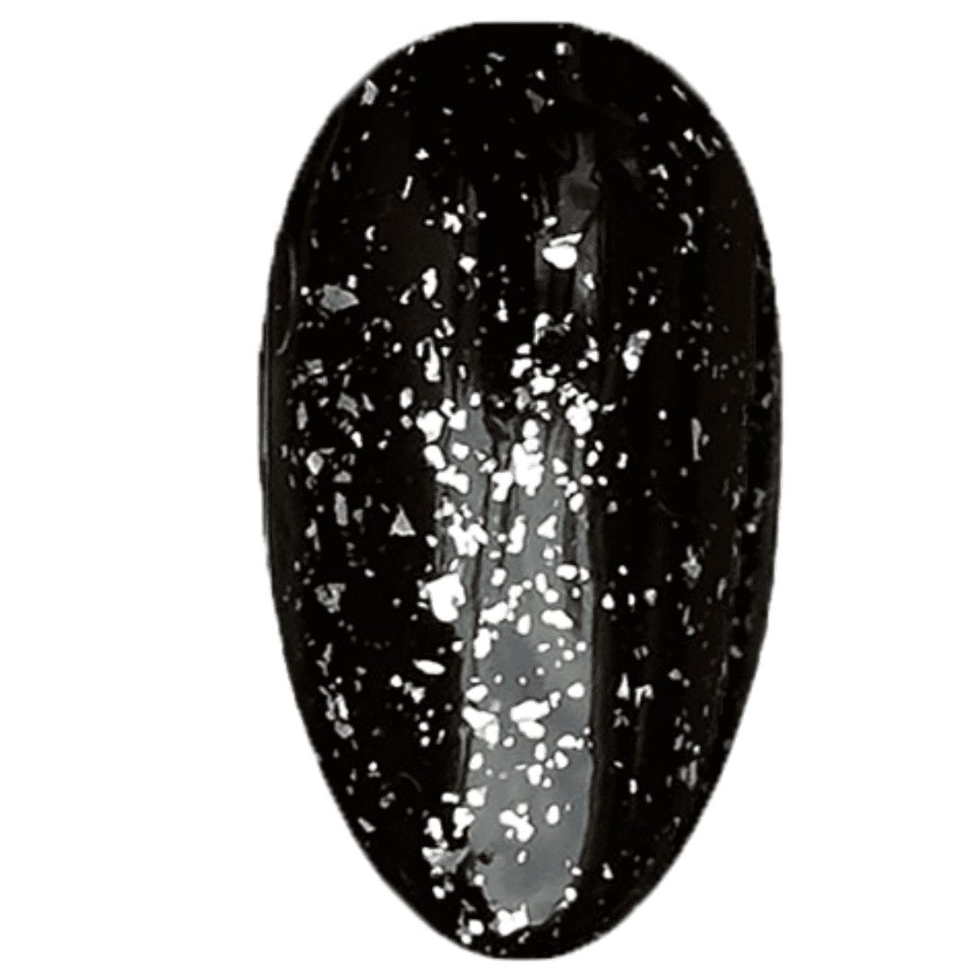 A digital illustration of a nail polish swatch showcasing a glossy black finish with small white flecks scattered throughout, giving a speckled effect reminiscent of a starry night sky. The swatch is oval-shaped and has a glossy, reflective surface that highlights the contrast between the black base and the white particles.