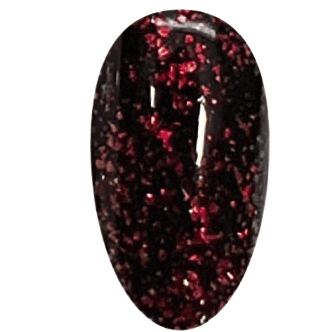 A digital illustration of a nail polish swatch with a glossy black base infused with sparkling red glitter particles. The oval-shaped swatch has a high-gloss finish that accentuates the vibrant red glitter, creating a dazzling effect reminiscent of rubies set against a dark backdrop.