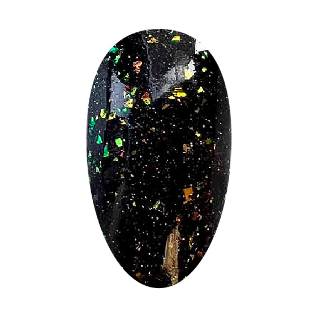 A nail swatch displaying a black gel polish with multicolored holographic glitter, showcasing a trendy and sparkly manicure option.