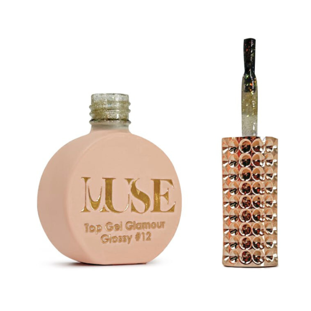 A bottle of MUSE Top Gel Glamour Glossy #12 with an elegant rose-gold studded cap and a brush applicator, designed for a sparkling gel nail finish.