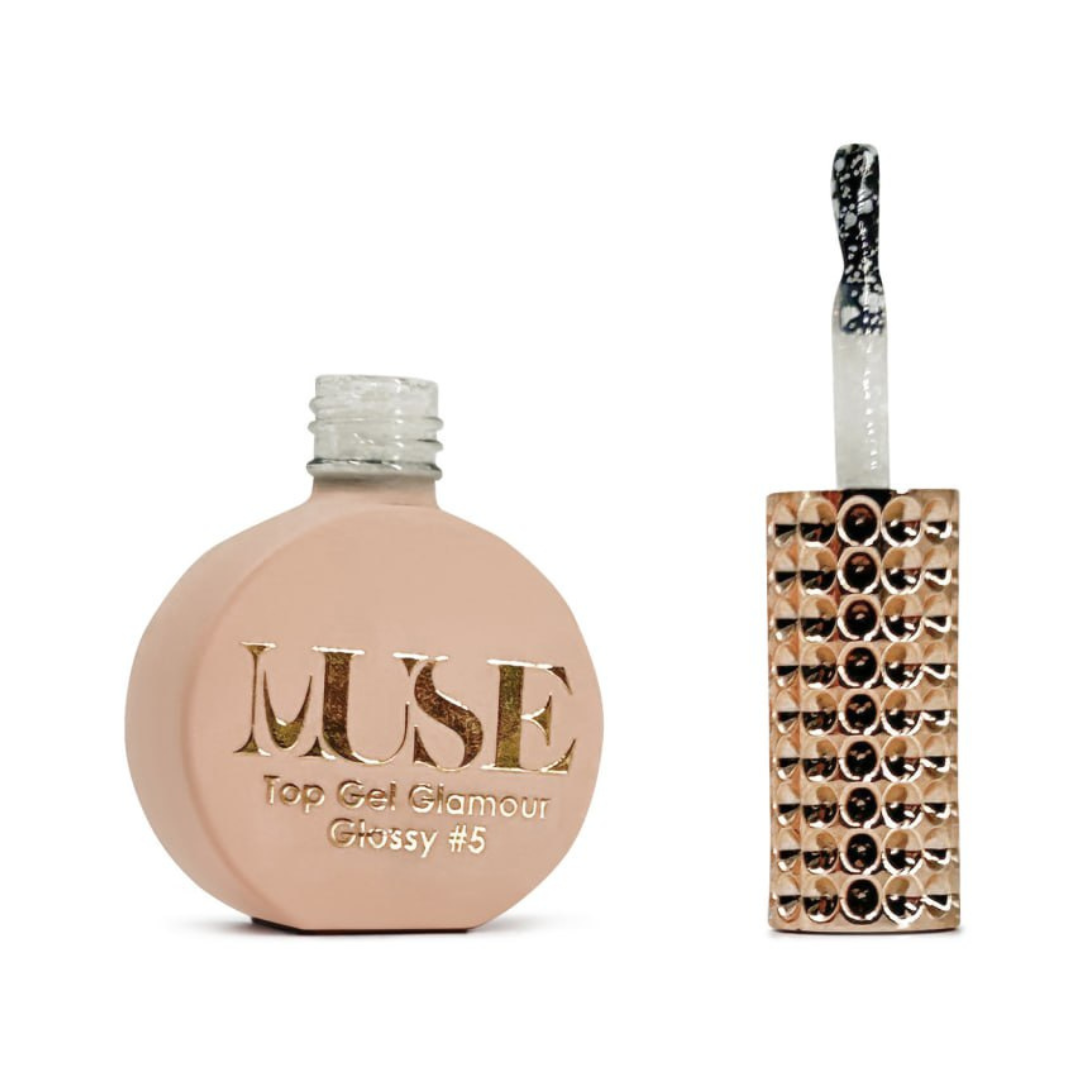 A bottle of MUSE Top Gel Glamour Glossy #5 with a rose-gold cap and brush handle studded with crystals, ideal for a sophisticated, high-shine nail finish.