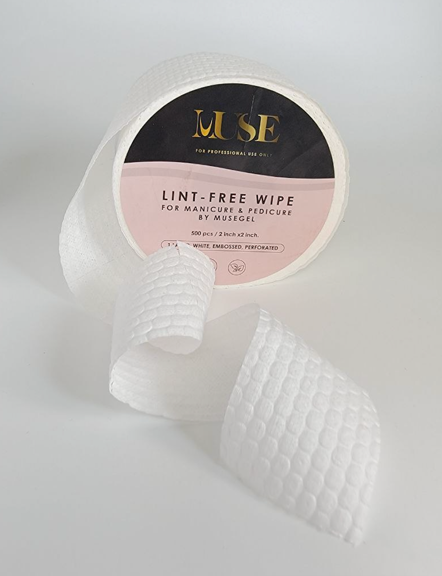 MuseGel Lint-Free Wipe for Manicure & Pedicure, 500 pcs, 2x2 inches, white embossed wipes in a perforated roll