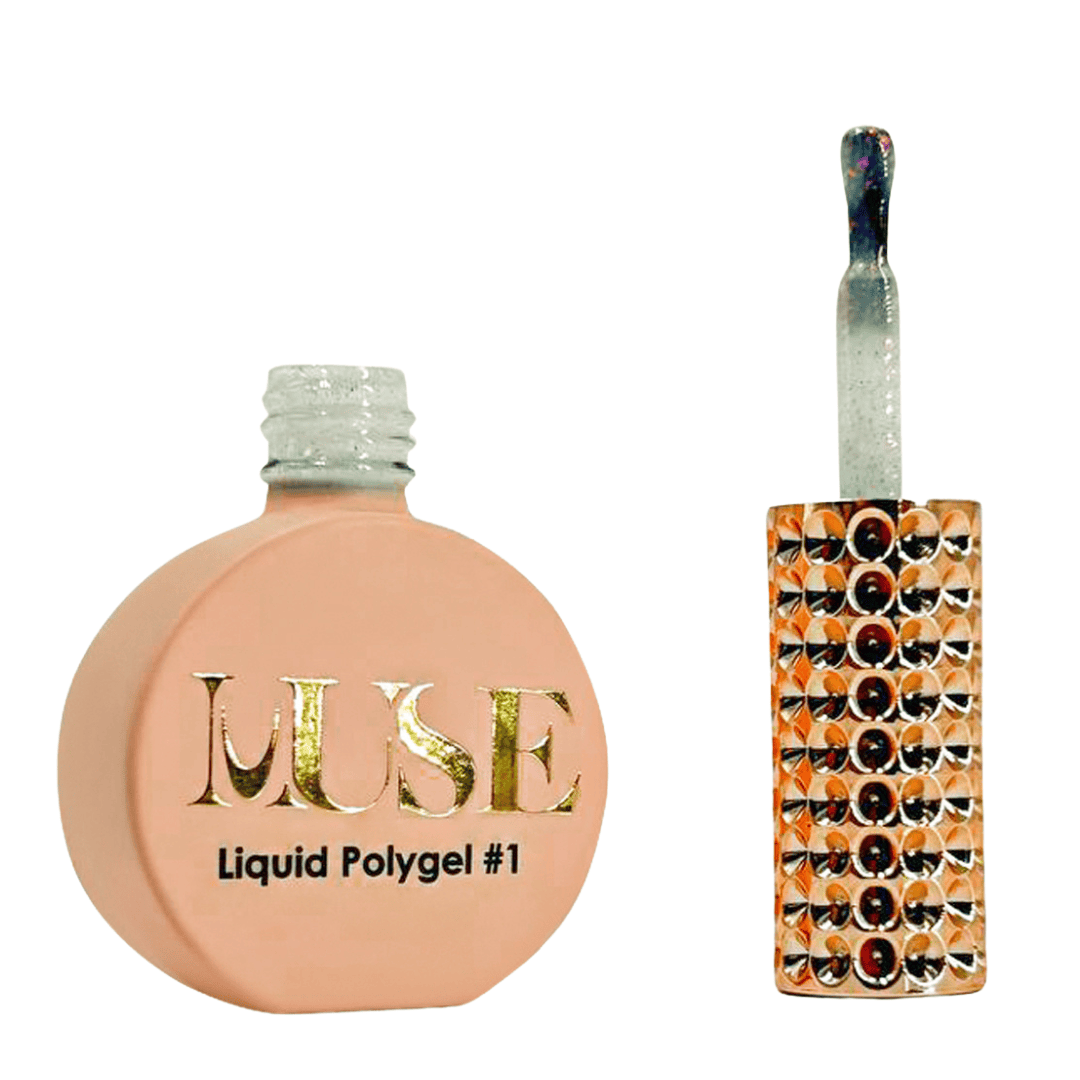 A flat, round bottle labeled "MUSE Liquid Polygel #1" with a metallic gold logo on a matte peach background, accompanied by a nail brush whose handle is adorned with a diamond-like pattern of sparkling orange and black gemstones.