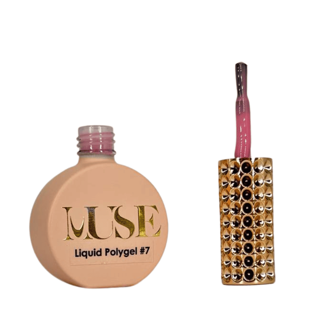 This is a promotional image featuring two cosmetic products for nails. On the left, there's a bottle labeled "MUSE Liquid Polygel #7" with a pink cap, and on the right, there's a golden brush with a clear handle filled with golden sequins, presumably for applying the polygel product.