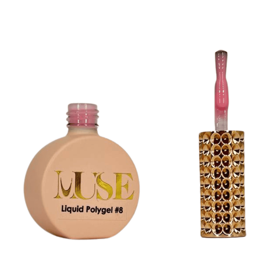 This image shows a cosmetic product setup with a bottle on the left labeled "MUSE Liquid Polygel #8" with a pink cap, alongside a golden brush with a pink handle on the right. The brush handle is adorned with golden sequins, and it is likely used for the application of the polygel nail product.