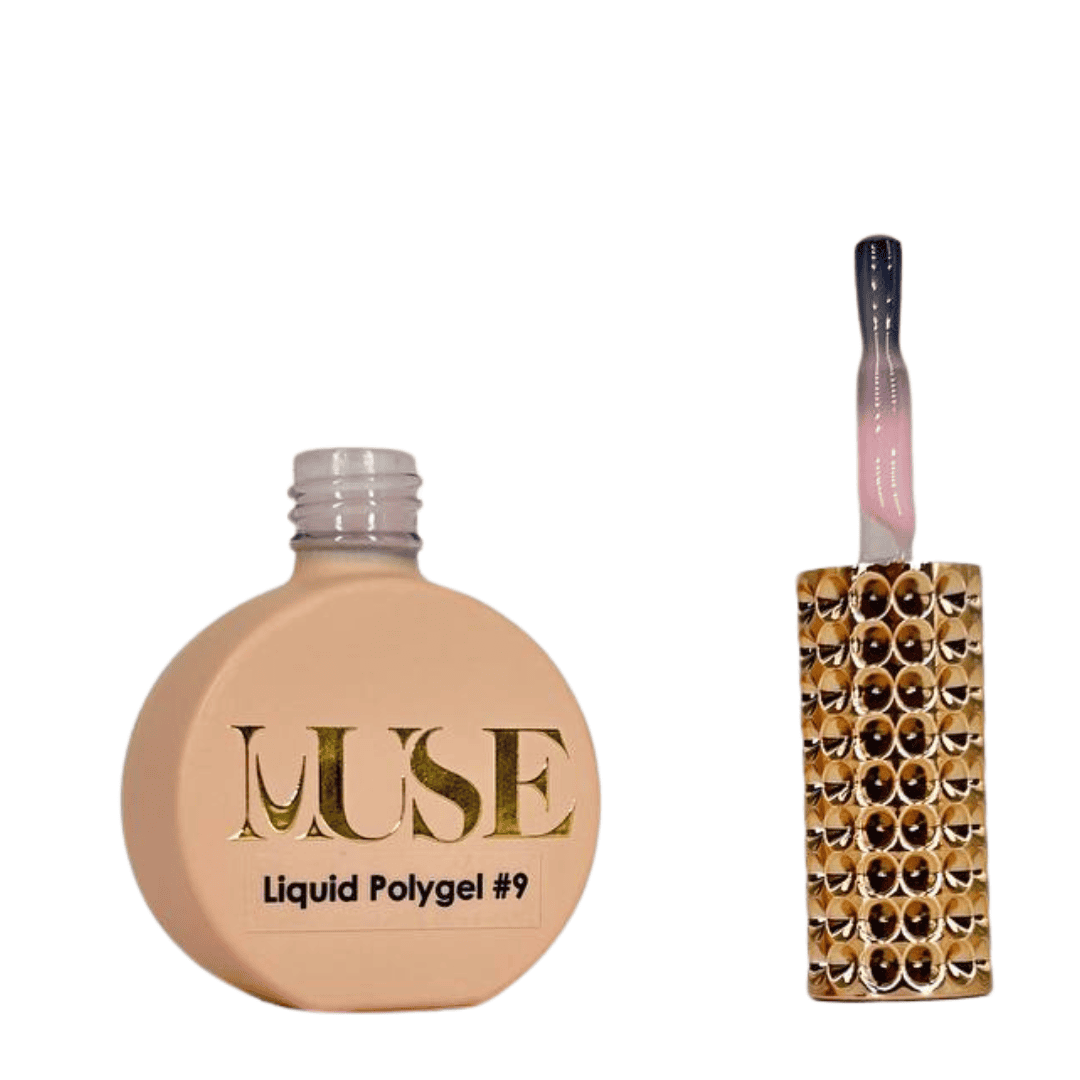 An image featuring nail care products with a bottle on the left labeled "MUSE Liquid Polygel #9" with a pink screw cap, and on the right, a nail art brush with a clear pink handle filled with golden sequins. The brush is designed for the application of the polygel product.
