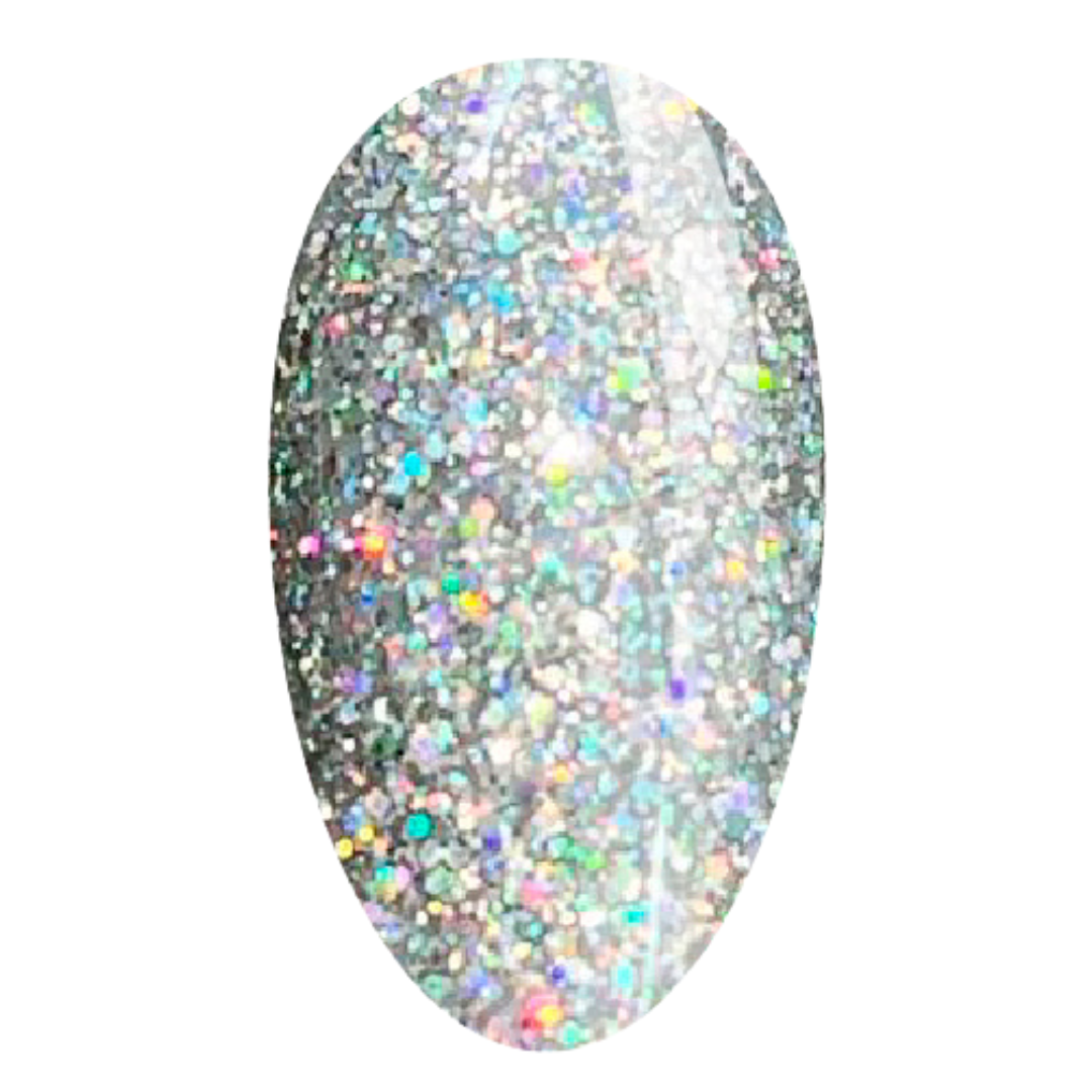 A nail swatch featuring silver holographic glitter, creating a dazzling spectrum of colors for a sparkling manicure.