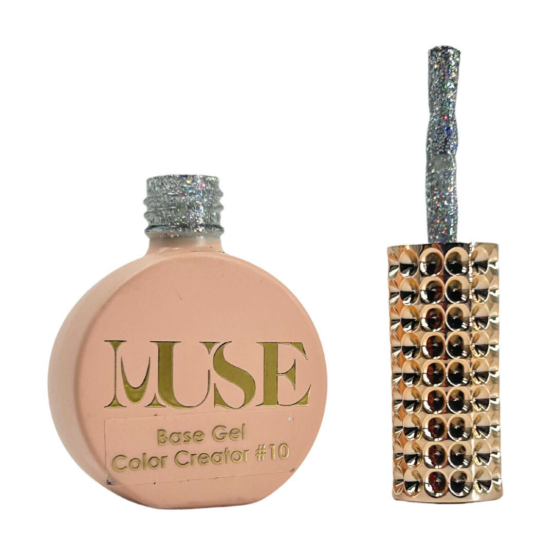 A bottle of MUSE Base Gel Color Creator #10 filled with silver holographic glitter and a cap adorned with crystals, perfect for adding a sparkling top coat to any nail color.