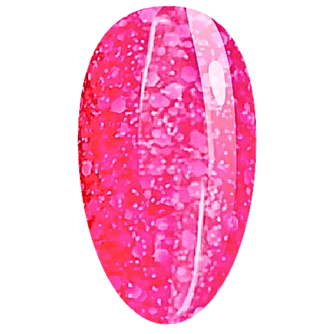 A nail swatch featuring a bright neon pink gel polish with various sizes of glitter particles for a sparkling effect.
