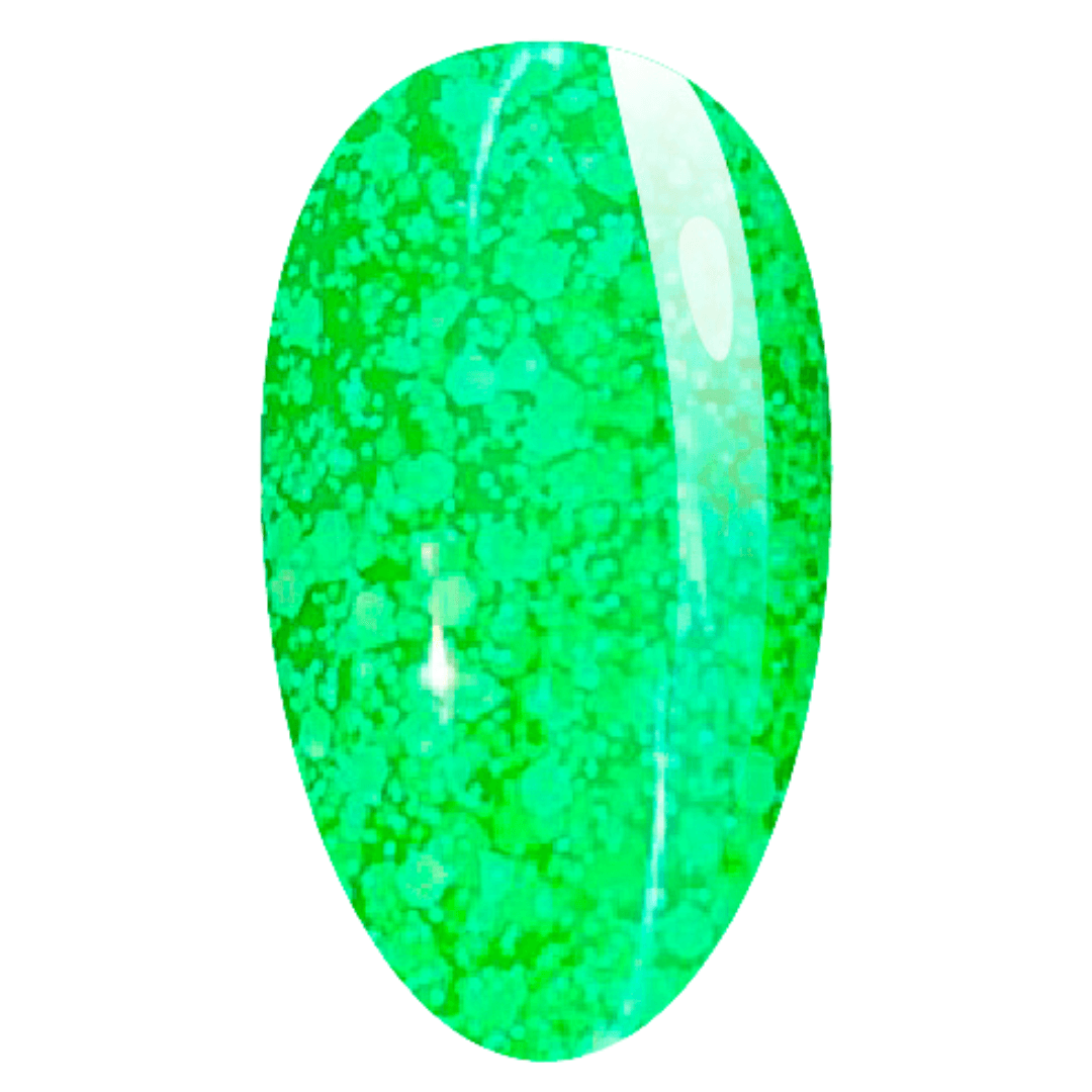 A nail swatch featuring bright neon green gel polish with a variety of glitter sizes, creating a lively, textured effect.