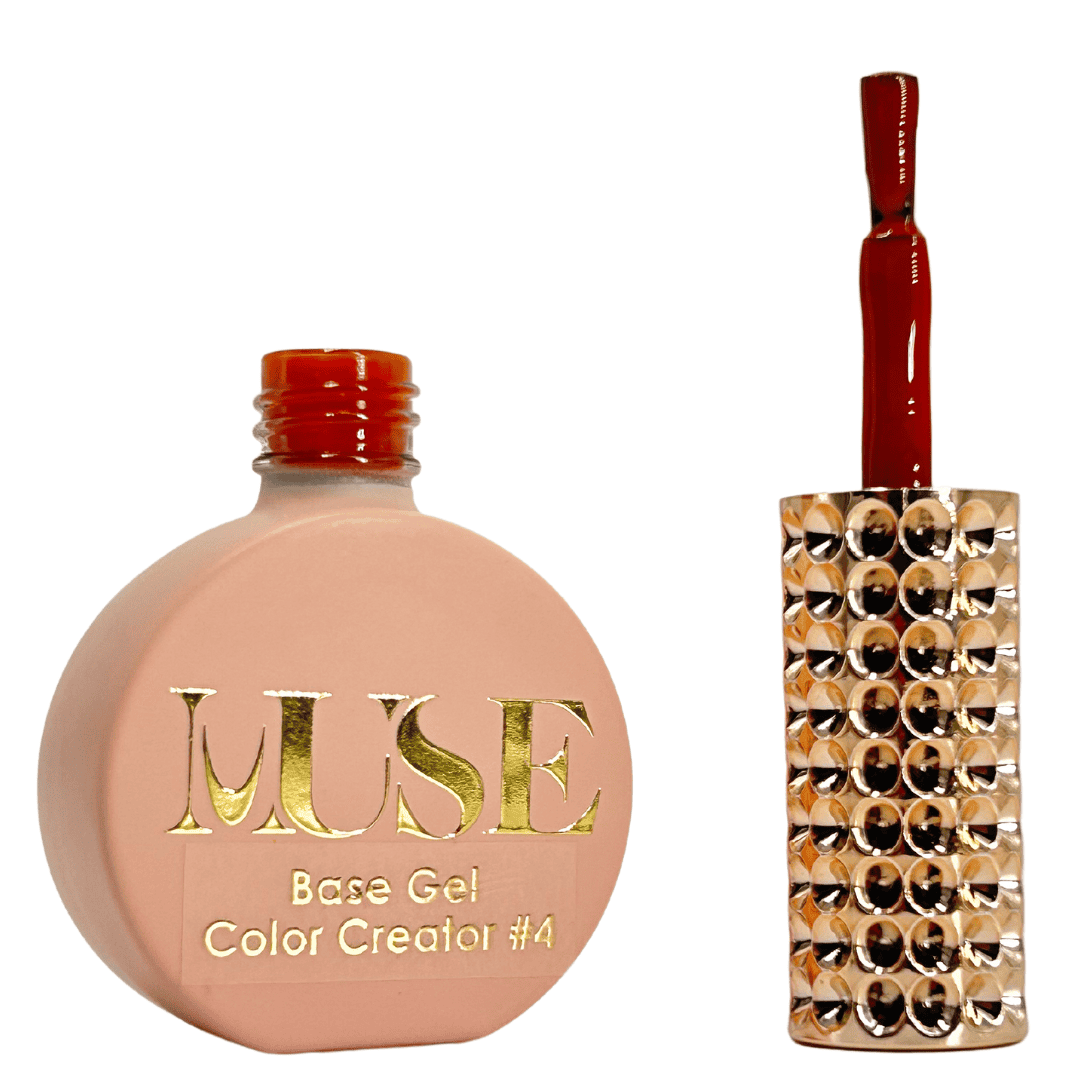 A round bottle of terracotta-colored nail base gel labeled "MUSE Base Gel Color Creator #4" next to its brush with a coating of the same terracotta gel. The brush's handle is adorned with a series of rhinestones, enhancing the luxurious appearance of the nail care product.
