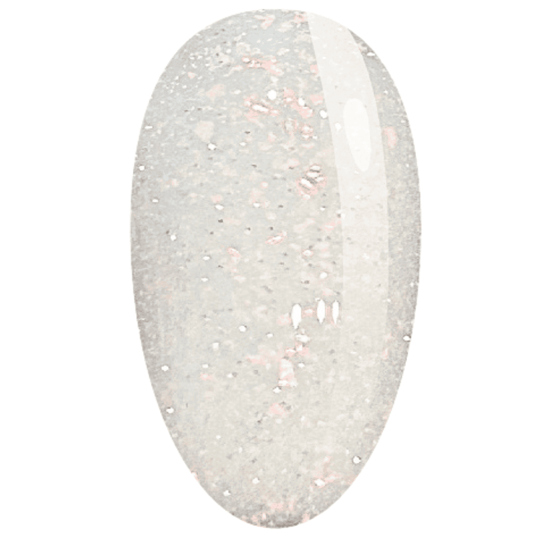 a swatch of sparkly polygel nail polish, showcasing a semi-translucent and glitter-infused gel, typically used for nail extensions or overlays. The gel has a glossy finish and contains multicolored glitter particles that create a shimmering effect.