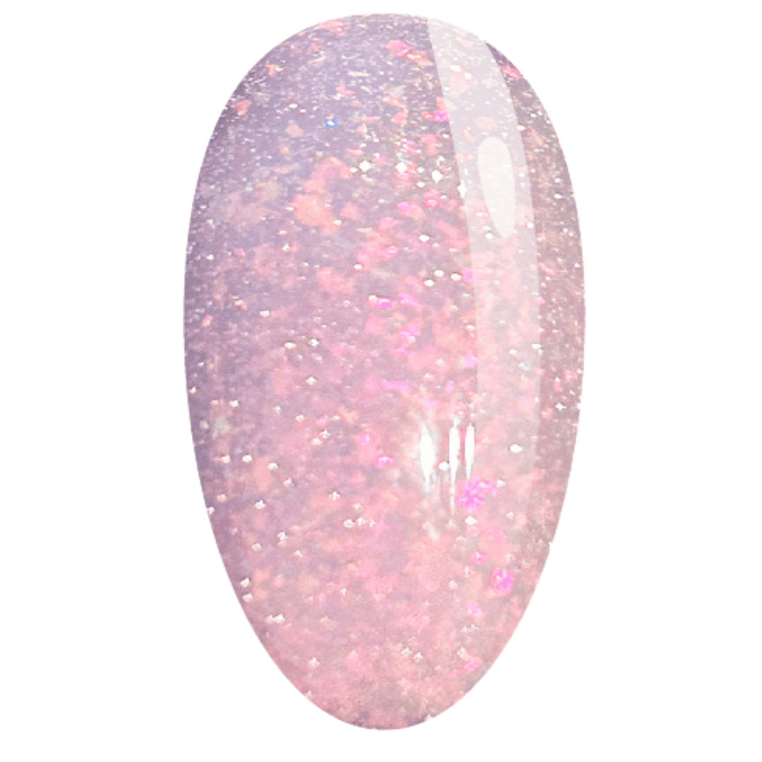 The second image features an oval nail swatch with an iridescent finish that reflects hues of pink and purple, giving off a pearlescent sheen that suggests a shimmery effect when applied.