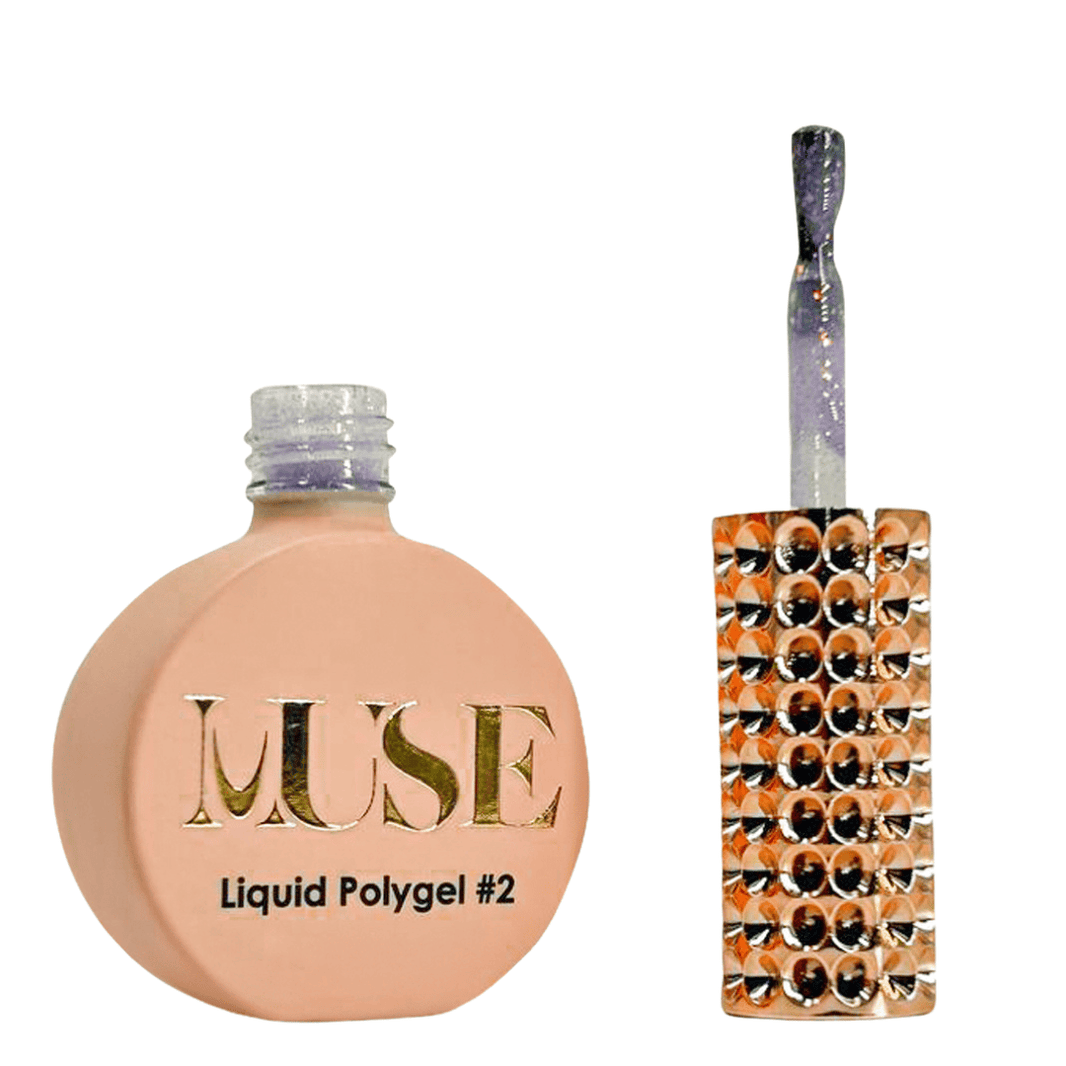 The first image displays a peach-toned nail polish bottle with the label "MUSE Liquid Polygel #2" in gold lettering. Next to it, there's a nail polish brush with a handle that has a galaxy-like purple and blue sparkle design, and below the brush, there's a rectangular sample palette adorned with a row of reflective golden rhinestones.