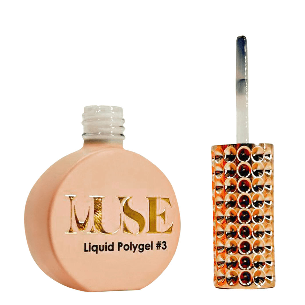 A nail polish bottle with a metallic rose gold finish, labeled "MUSE Liquid Polygel #3" next to a nail polish brush handle adorned with a sparkling purple and clear gemstone pattern.