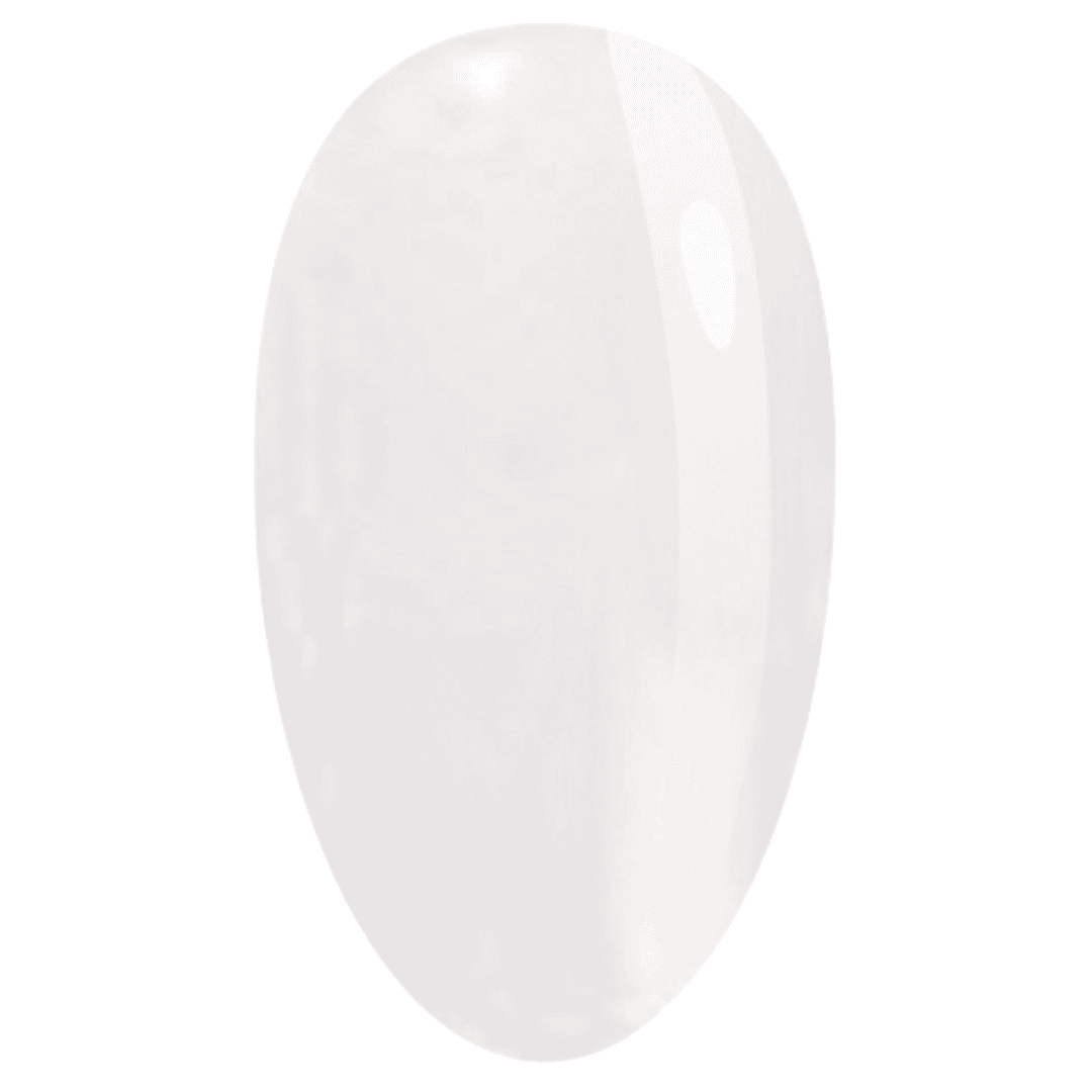 "An artificial nail sample showing a semi-transparent, shimmering finish that reflects light with a pinkish-white hue, indicative of the 'Liquid Polygel #4' product."