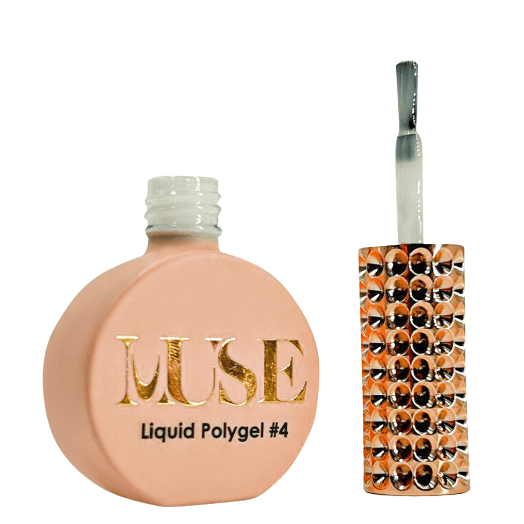 "A pink-colored bottle labeled 'MUSE Liquid Polygel #4' with a metallic gold logo next to a glittery handled brush dipped in the polygel, placed on a backdrop of round, golden studs."