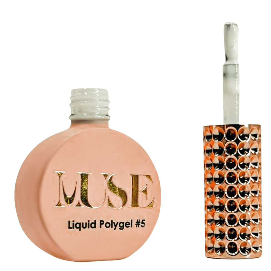 A bottle of MUSE Liquid Polygel #5 with a silver cap, displaying a shimmery opalescent finish on the sample nail swatch attached to the handle of the brush with a rhinestone-embellished handle.