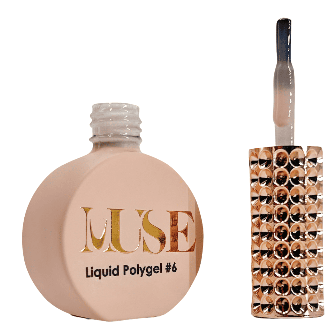 "A round peach-colored bottle of MUSE liquid polygel #4 with a silver and clear glittered brush handle decorated with a row of reflective golden rhinestones."
